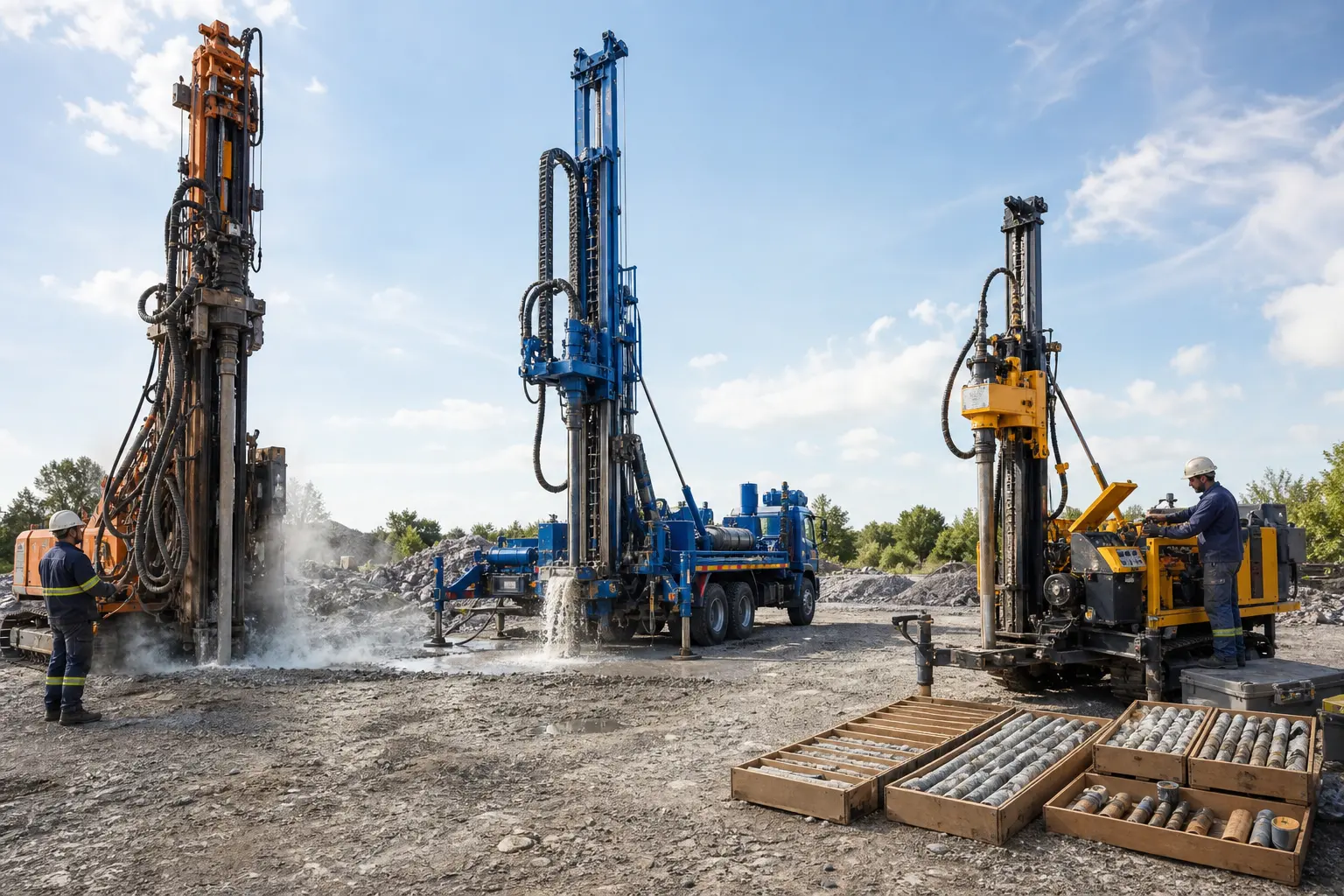 DTH, rotary water well, and core drilling rigs at a comparison site