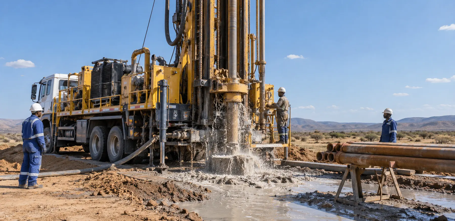 Water well drilling rig operating on a groundwater borehole project